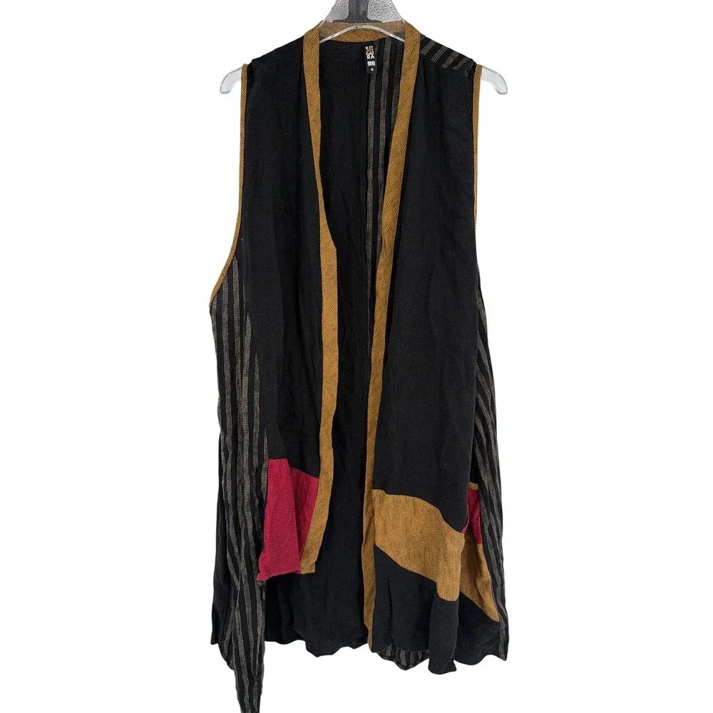 Khangura Women XL Longline Vest Linen Blend Lagenlook Mixed Media Open Front USA